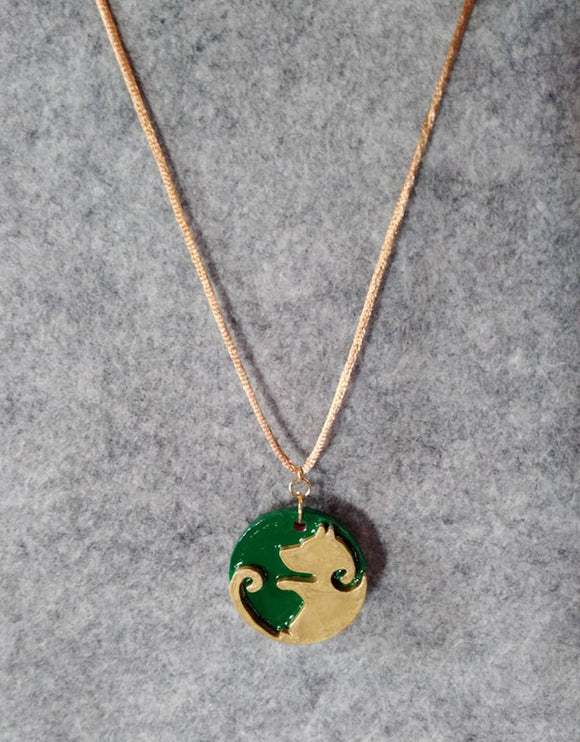 Dog Cat Pendant Necklace - Green & Gold Painted